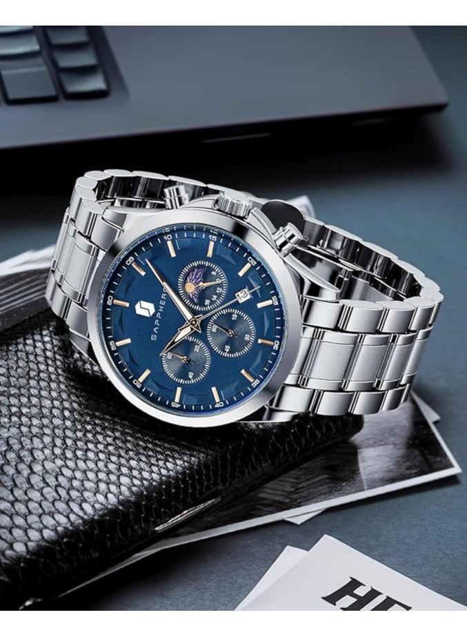 Sapphero Mens Watches Multifunction Chronograph Date Quartz Watch for Men Stainless Steel Band Wrist Watch Gift for Men Casual Business - Image 5